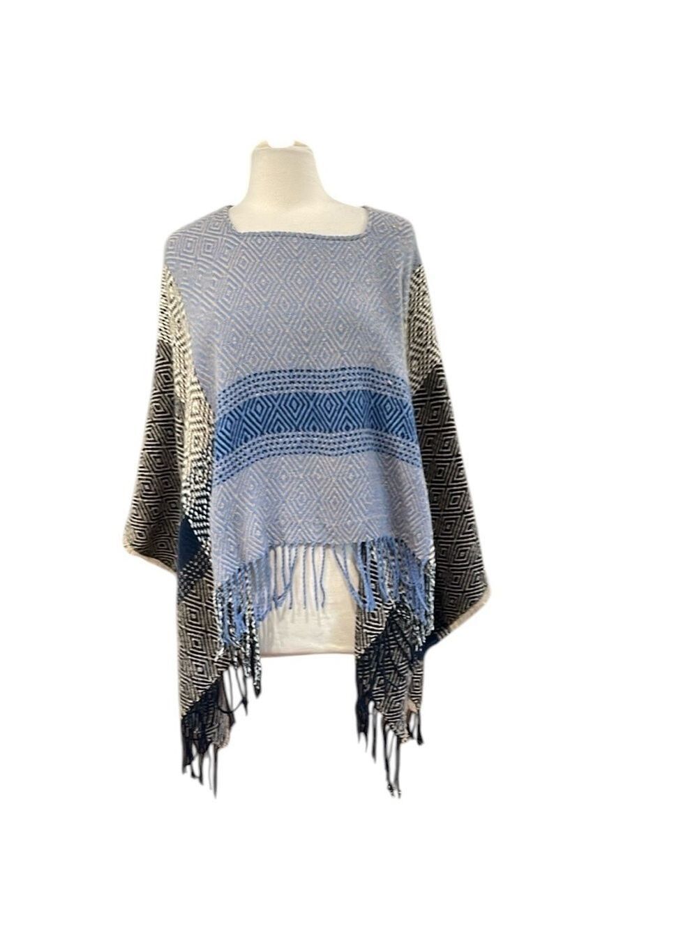 NWT Charming Charlie Multi Knit Pattern Fringed Poncho Sweater O/S Blue Black